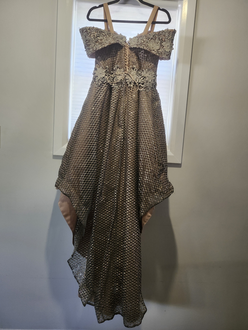 Off-Shoulder Metallic Bronze High-Low Cocktail Dress - Picture 5 of 5